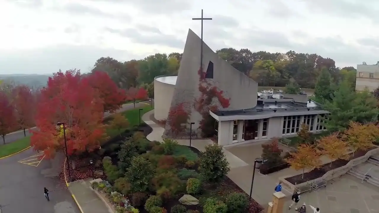 Aerial view of Franciscan University of Steubenville in autumn
