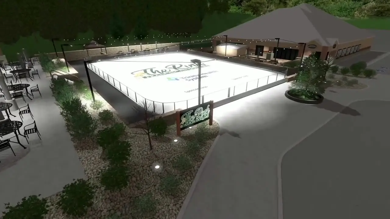 Rendering of the Franciscan Square outdoor rink at night