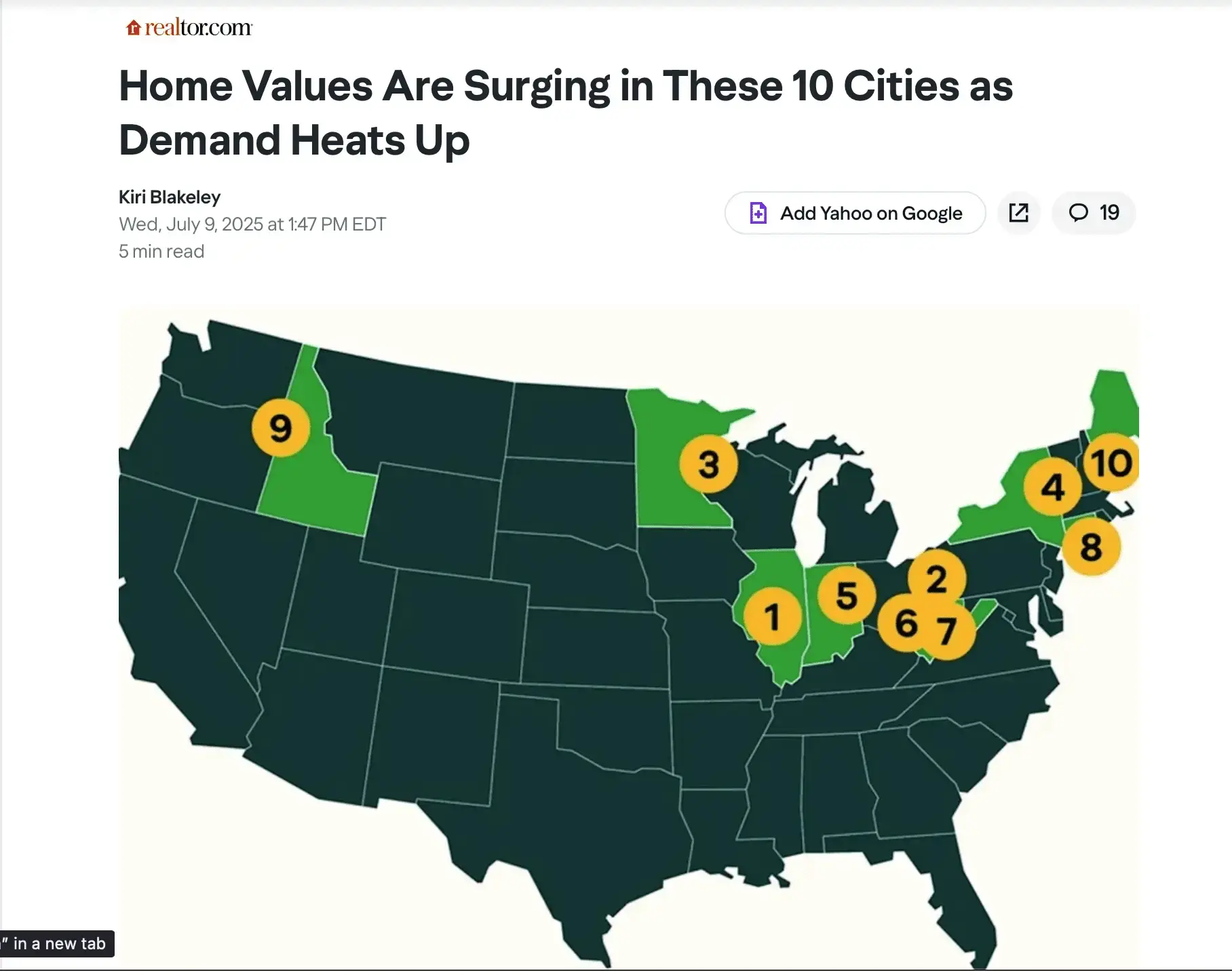 Map of the 10 U.S. cities where home values are surging