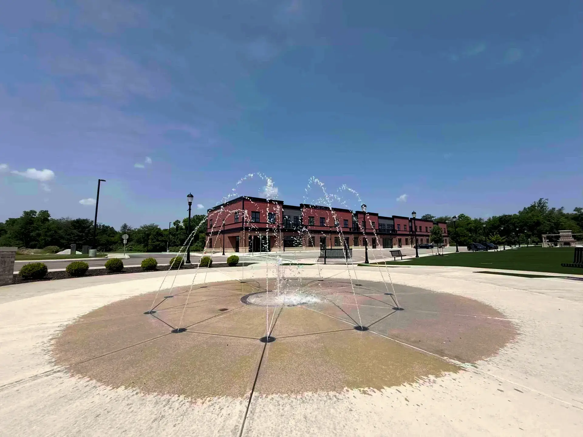 Fountain and buildings at Park Drive Development