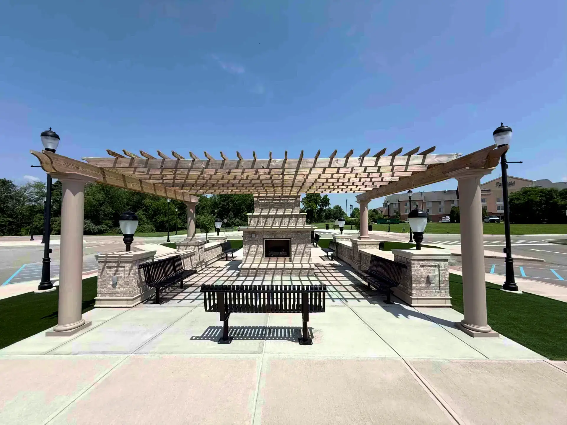 Covered pergola seating at Park Drive Development